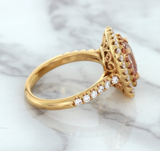 1.75ct. Cushion Padparadscha Ring with Sapphire and Diamond Halo in 18K Rose Gold