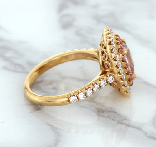 1.75ct. Cushion Padparadscha Ring with Sapphire and Diamond Halo in 18K Rose Gold