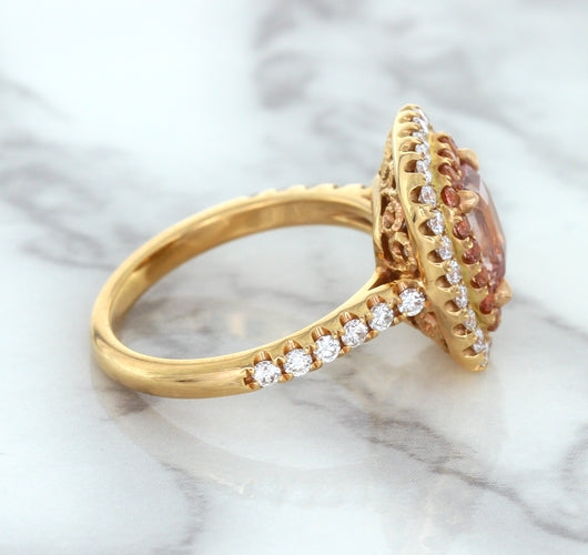 1.75ct. Cushion Padparadscha Ring with Sapphire and Diamond Halo in 18K Rose Gold