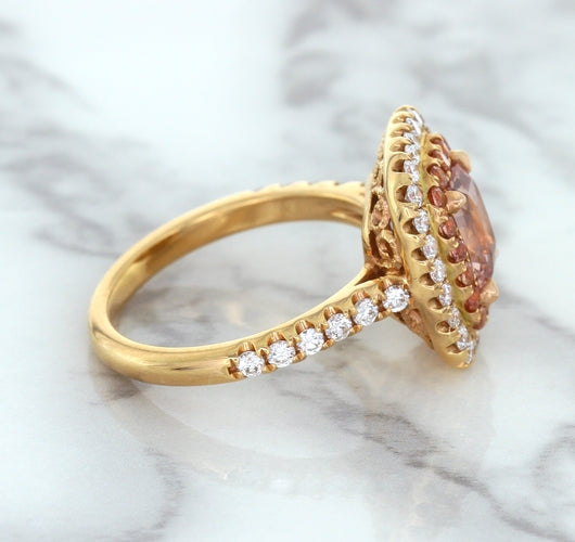 1.75ct. Cushion Padparadscha Ring with Sapphire and Diamond Halo in 18K Rose Gold