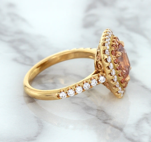 1.75ct. Cushion Padparadscha Ring with Sapphire and Diamond Halo in 18K Rose Gold