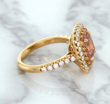 Load image into Gallery viewer, 1.75ct. Cushion Padparadscha Ring with Sapphire and Diamond Halo in 18K Rose Gold