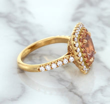 Load image into Gallery viewer, 1.75ct. Cushion Padparadscha Ring with Sapphire and Diamond Halo in 18K Rose Gold