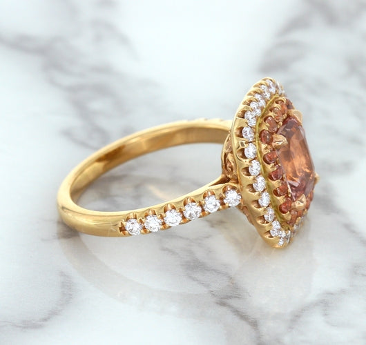 1.75ct. Cushion Padparadscha Ring with Sapphire and Diamond Halo in 18K Rose Gold
