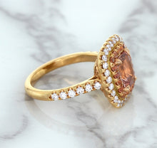 Load image into Gallery viewer, 1.75ct. Cushion Padparadscha Ring with Sapphire and Diamond Halo in 18K Rose Gold