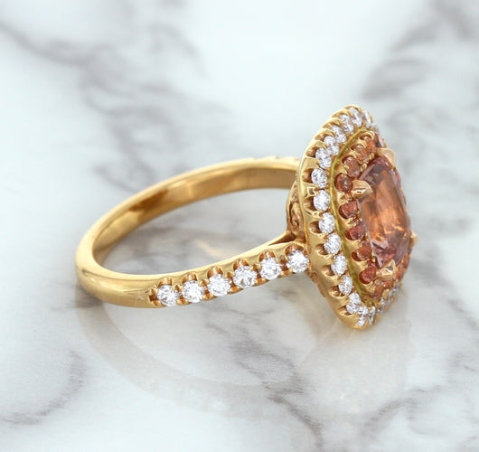1.75ct. Cushion Padparadscha Ring with Sapphire and Diamond Halo in 18K Rose Gold