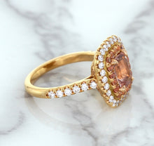 Load image into Gallery viewer, 1.75ct. Cushion Padparadscha Ring with Sapphire and Diamond Halo in 18K Rose Gold