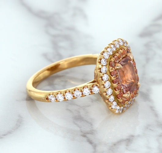 1.75ct. Cushion Padparadscha Ring with Sapphire and Diamond Halo in 18K Rose Gold