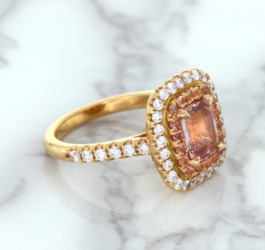 1.75ct. Cushion Padparadscha Ring with Sapphire and Diamond Halo in 18K Rose Gold