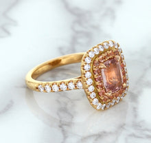 Load image into Gallery viewer, 1.75ct. Cushion Padparadscha Ring with Sapphire and Diamond Halo in 18K Rose Gold