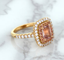 Load image into Gallery viewer, 1.75ct. Cushion Padparadscha Ring with Sapphire and Diamond Halo in 18K Rose Gold