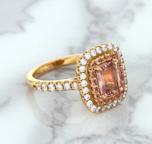 1.75ct. Cushion Padparadscha Ring with Sapphire and Diamond Halo in 18K Rose Gold