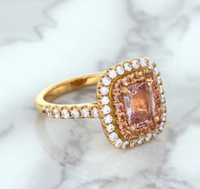 Load image into Gallery viewer, 1.75ct. Cushion Padparadscha Ring with Sapphire and Diamond Halo in 18K Rose Gold