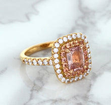Load image into Gallery viewer, 1.75ct. Cushion Padparadscha Ring with Sapphire and Diamond Halo in 18K Rose Gold