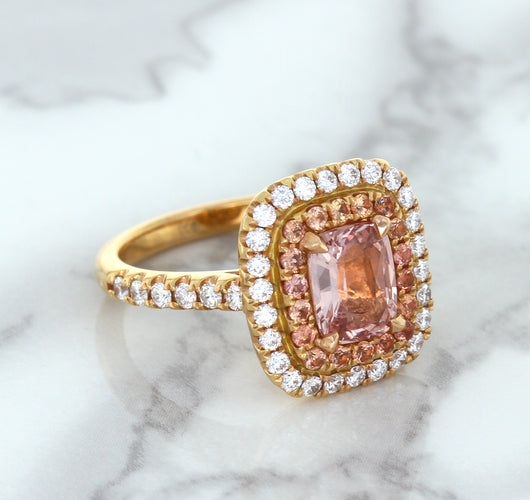 1.75ct. Cushion Padparadscha Ring with Sapphire and Diamond Halo in 18K Rose Gold