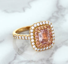 Load image into Gallery viewer, 1.75ct. Cushion Padparadscha Ring with Sapphire and Diamond Halo in 18K Rose Gold