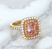 Load image into Gallery viewer, 1.75ct. Cushion Padparadscha Ring with Sapphire and Diamond Halo in 18K Rose Gold
