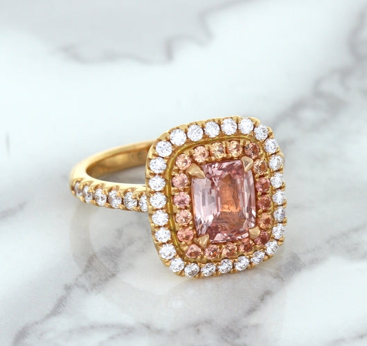 1.75ct. Cushion Padparadscha Ring with Sapphire and Diamond Halo in 18K Rose Gold