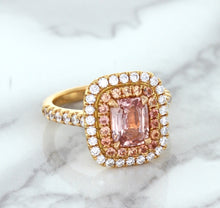 Load image into Gallery viewer, 1.75ct. Cushion Padparadscha Ring with Sapphire and Diamond Halo in 18K Rose Gold