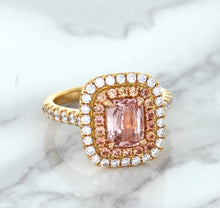 Load image into Gallery viewer, 1.75ct. Cushion Padparadscha Ring with Sapphire and Diamond Halo in 18K Rose Gold