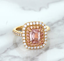 Load image into Gallery viewer, 1.75ct. Cushion Padparadscha Ring with Sapphire and Diamond Halo in 18K Rose Gold