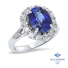 Load image into Gallery viewer, 4.45ct. Oval Blue Sapphire GIA Certified Ring with Diamond Halo in 18K White Gold
