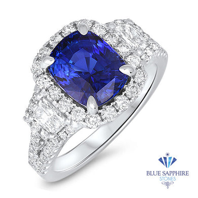 4.46ct. Cushion Blue Sapphire Ring with Diamond Halo in 18K White Gold