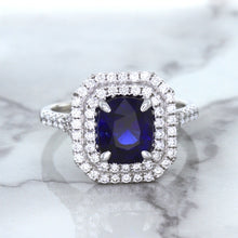 Load image into Gallery viewer, 3.31ct. Cushion GIA Certified Blue Sapphire Ring with Double Diamond Halo in 18K White Gold