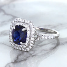Load image into Gallery viewer, 3.31ct. Cushion GIA Certified Blue Sapphire Ring with Double Diamond Halo in 18K White Gold