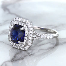 Load image into Gallery viewer, 3.31ct. Cushion GIA Certified Blue Sapphire Ring with Double Diamond Halo in 18K White Gold