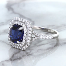 Load image into Gallery viewer, 3.31ct. Cushion GIA Certified Blue Sapphire Ring with Double Diamond Halo in 18K White Gold