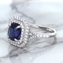 Load image into Gallery viewer, 3.31ct. Cushion GIA Certified Blue Sapphire Ring with Double Diamond Halo in 18K White Gold