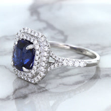 Load image into Gallery viewer, 3.31ct. Cushion GIA Certified Blue Sapphire Ring with Double Diamond Halo in 18K White Gold