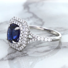 Load image into Gallery viewer, 3.31ct. Cushion GIA Certified Blue Sapphire Ring with Double Diamond Halo in 18K White Gold