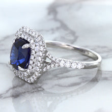 Load image into Gallery viewer, 3.31ct. Cushion GIA Certified Blue Sapphire Ring with Double Diamond Halo in 18K White Gold