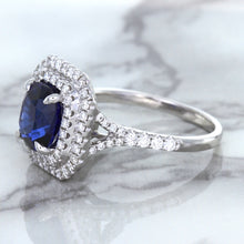 Load image into Gallery viewer, 3.31ct. Cushion GIA Certified Blue Sapphire Ring with Double Diamond Halo in 18K White Gold