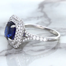 Load image into Gallery viewer, 3.31ct. Cushion GIA Certified Blue Sapphire Ring with Double Diamond Halo in 18K White Gold