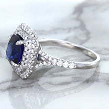 Load image into Gallery viewer, 3.31ct. Cushion GIA Certified Blue Sapphire Ring with Double Diamond Halo in 18K White Gold