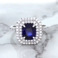 Load image into Gallery viewer, 3.31ct. Cushion GIA Certified Blue Sapphire Ring with Double Diamond Halo in 18K White Gold