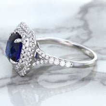 Load image into Gallery viewer, 3.31ct. Cushion GIA Certified Blue Sapphire Ring with Double Diamond Halo in 18K White Gold