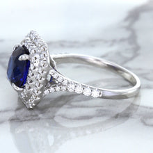 Load image into Gallery viewer, 3.31ct. Cushion GIA Certified Blue Sapphire Ring with Double Diamond Halo in 18K White Gold