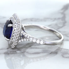 Load image into Gallery viewer, 3.31ct. Cushion GIA Certified Blue Sapphire Ring with Double Diamond Halo in 18K White Gold