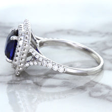 Load image into Gallery viewer, 3.31ct. Cushion GIA Certified Blue Sapphire Ring with Double Diamond Halo in 18K White Gold