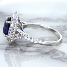 Load image into Gallery viewer, 3.31ct. Cushion GIA Certified Blue Sapphire Ring with Double Diamond Halo in 18K White Gold