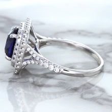 Load image into Gallery viewer, 3.31ct. Cushion GIA Certified Blue Sapphire Ring with Double Diamond Halo in 18K White Gold