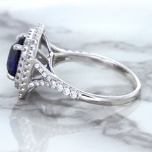 Load image into Gallery viewer, 3.31ct. Cushion GIA Certified Blue Sapphire Ring with Double Diamond Halo in 18K White Gold