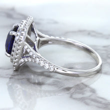 Load image into Gallery viewer, 3.31ct. Cushion GIA Certified Blue Sapphire Ring with Double Diamond Halo in 18K White Gold