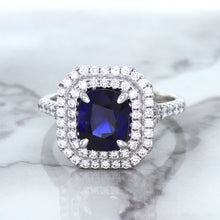 Load image into Gallery viewer, 3.31ct. Cushion GIA Certified Blue Sapphire Ring with Double Diamond Halo in 18K White Gold