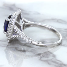 Load image into Gallery viewer, 3.31ct. Cushion GIA Certified Blue Sapphire Ring with Double Diamond Halo in 18K White Gold