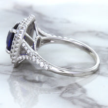 Load image into Gallery viewer, 3.31ct. Cushion GIA Certified Blue Sapphire Ring with Double Diamond Halo in 18K White Gold